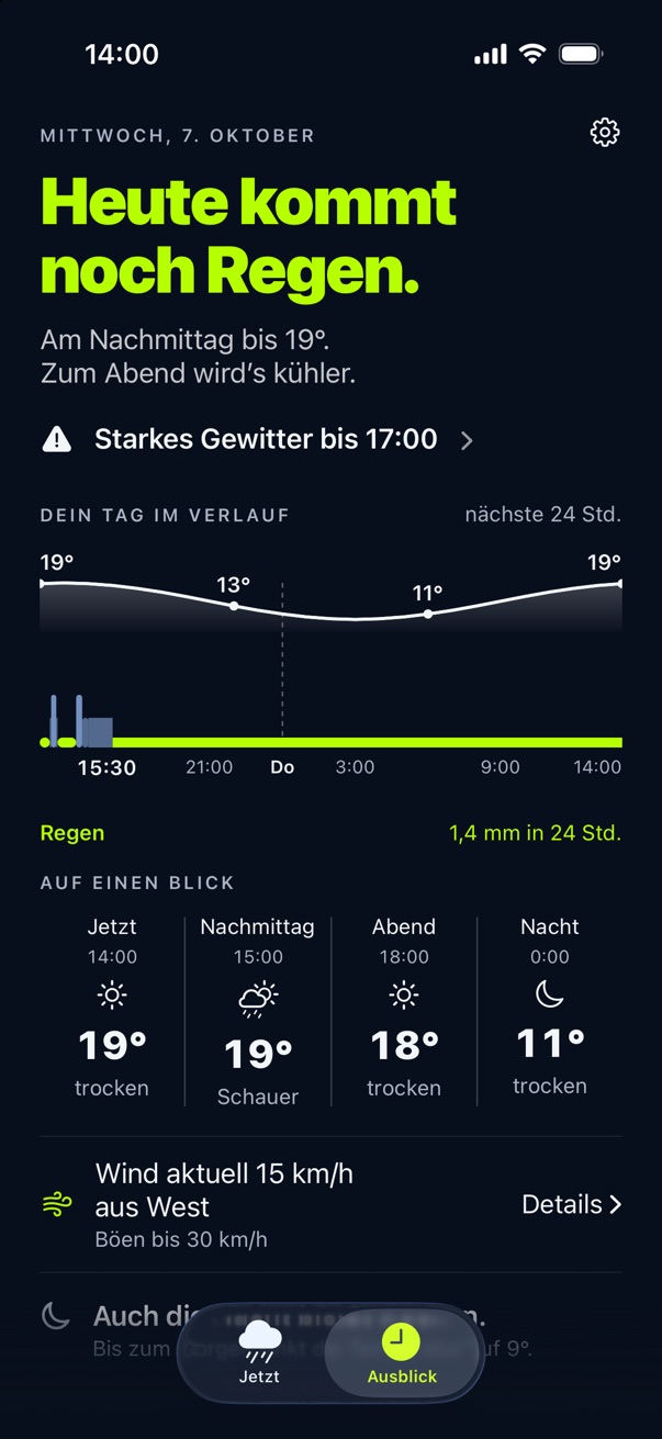 Ausblick in Plitsch: Heute kommt noch Regen. Warnung vor starkem Gewitter bis 17 Uhr, dazu Temperaturkurve und Regenband für die nächsten 24 Stunden.