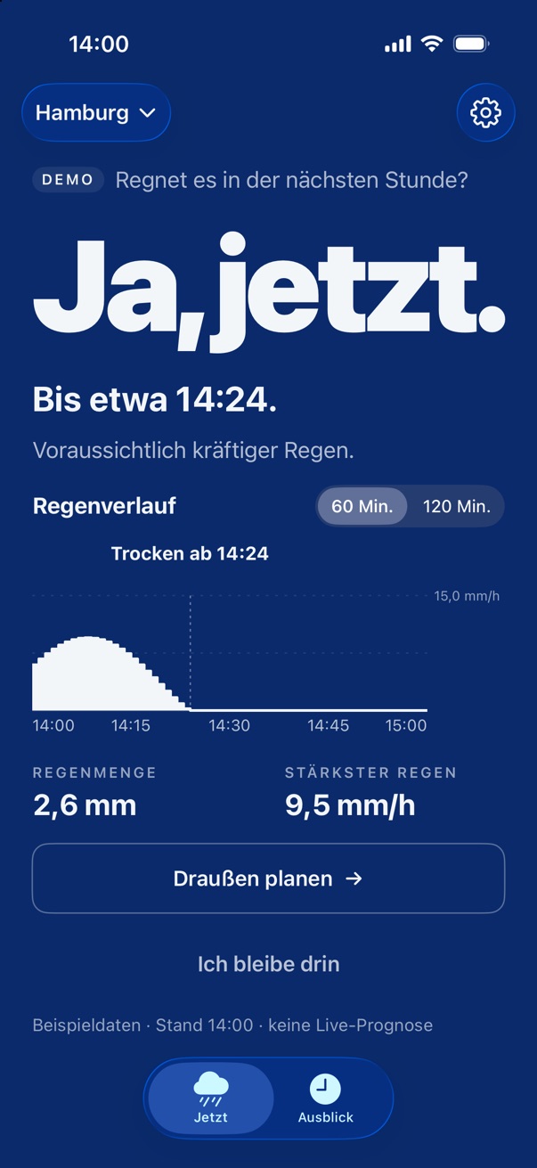 Plitsch mit dunkelblauer Fläche: Es regnet kräftig.