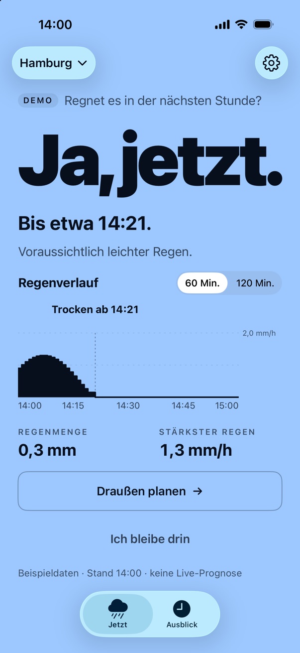 Plitsch mit hellblauer Fläche: Es regnet leicht.