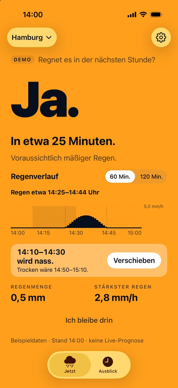 Plitsch mit gemerktem Zeitraum unter dem Regenverlauf: wird nass, mit dem Knopf Verschieben.
