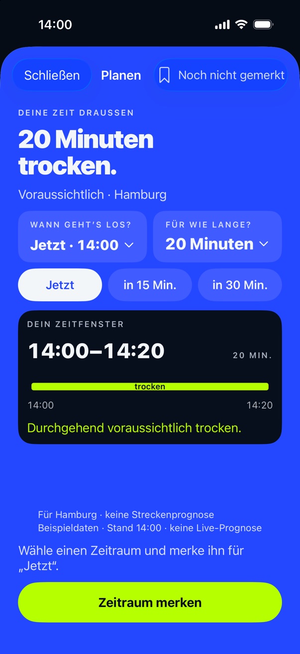 Planer in Plitsch: 20 Minuten trocken. Zeitfenster 14:00 bis 14:20, durchgehend voraussichtlich trocken.
